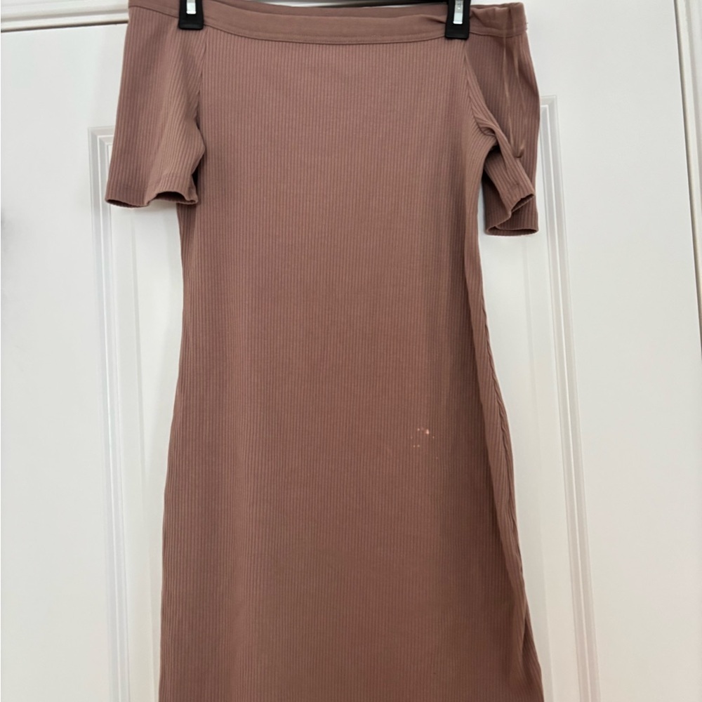 Off-Shoulder Ribbed Midi Dress in Tan - Picture 3 of 6